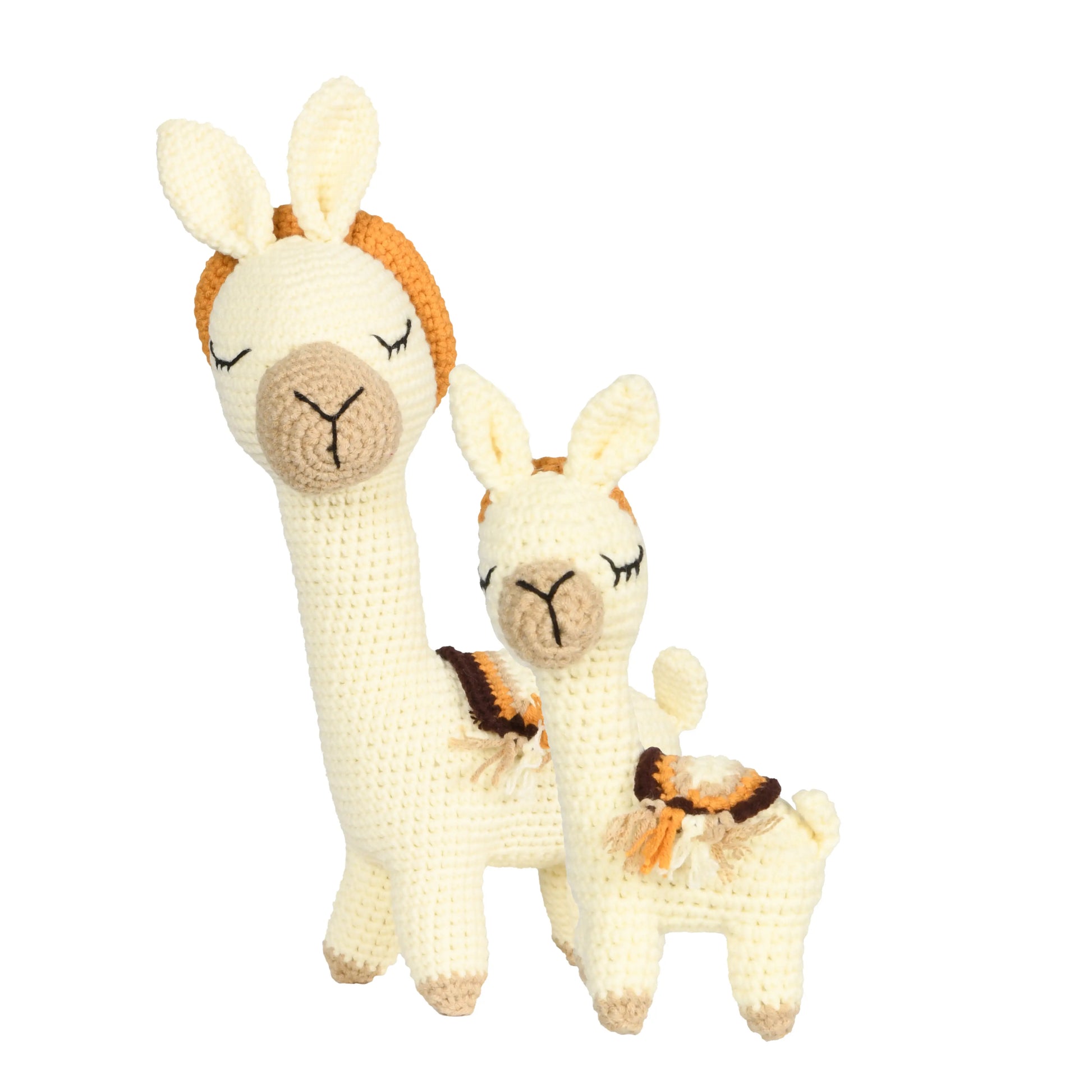 Handmade crochet amigurumi toy set featuring a cute baby lama and a loving mom lama, with soft fur and charming details