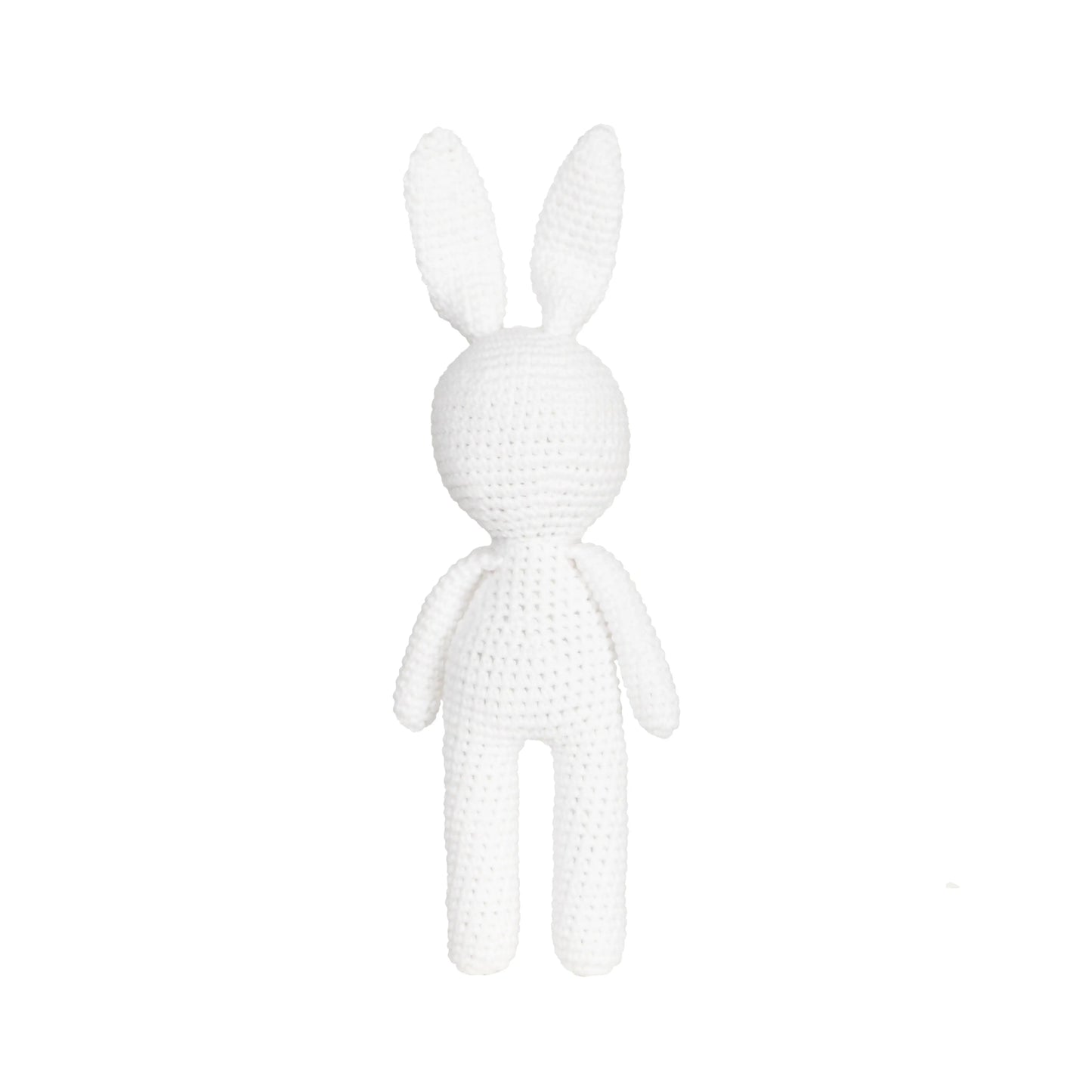 Handmade crochet amigurumi toy of an adorable white bunny with floppy ears and charming details