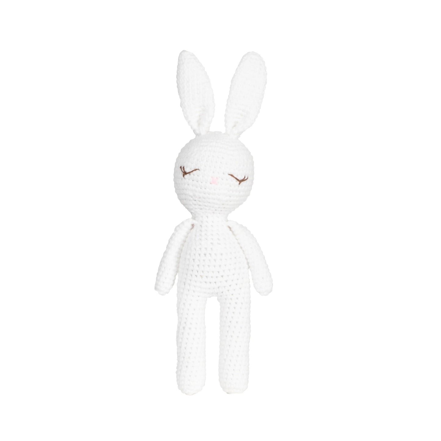 Handmade crochet amigurumi toy of an adorable white bunny with floppy ears and charming details