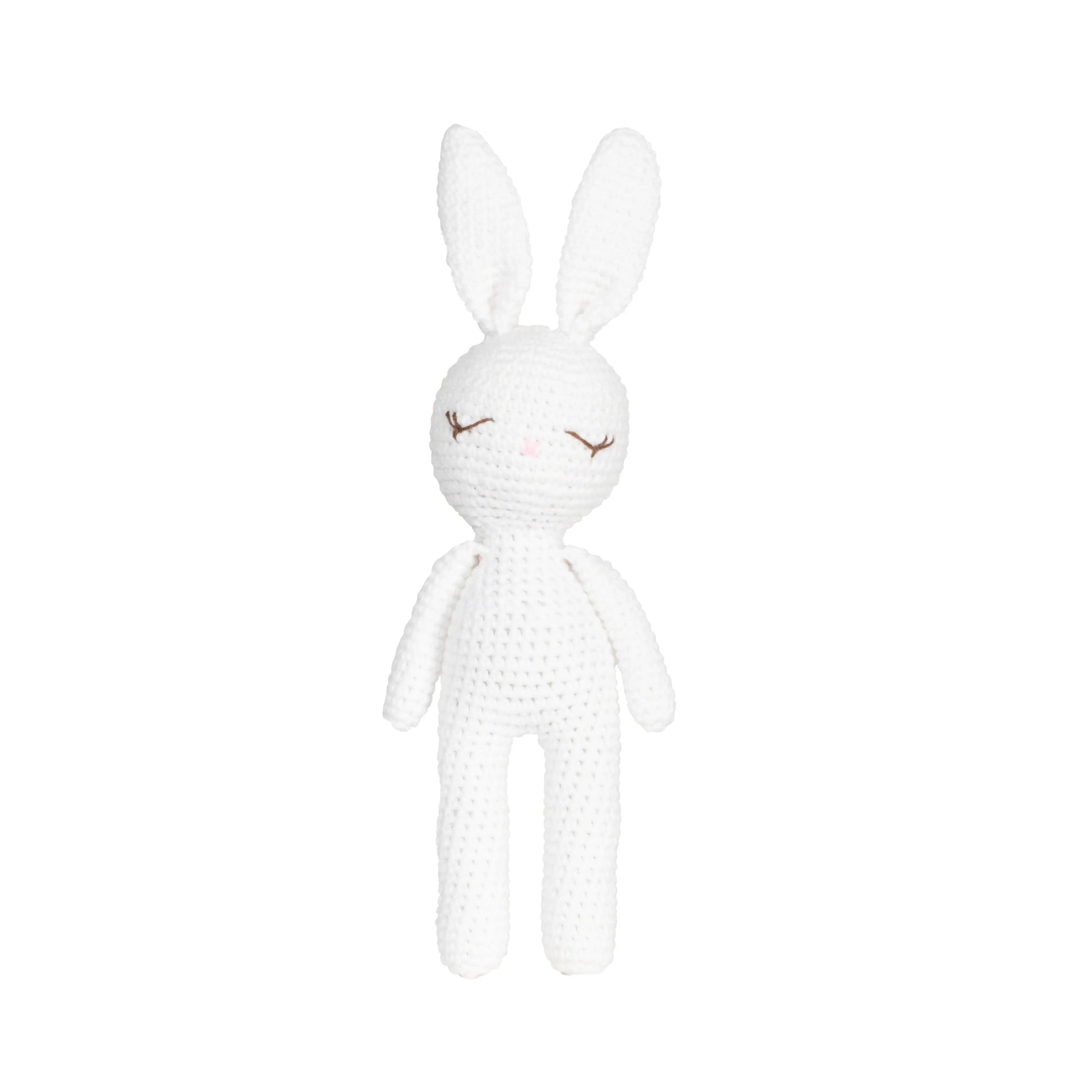 Handmade crochet amigurumi toy of an adorable white bunny with floppy ears and charming details