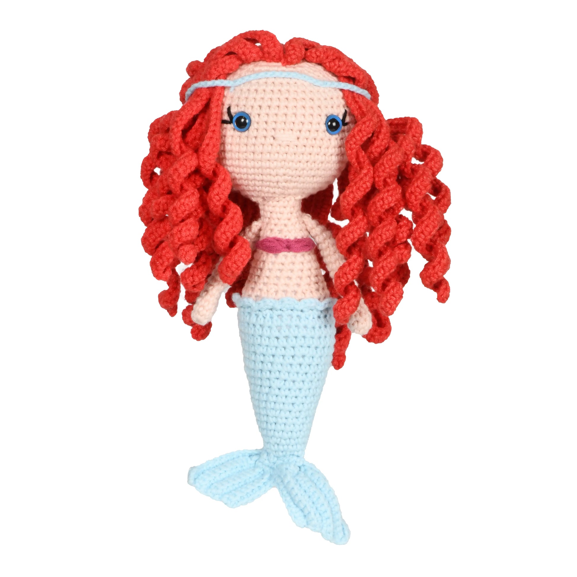 Handmade crochet mermaid amigurumi toy with long blue tail, pink seashell bikini, and flowing red hair.